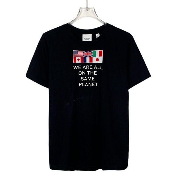 Burberry Black Cotton Round Neck Short Sleeve T-Shirt W/ Flag & Text Print Size - Picture 1 of 7